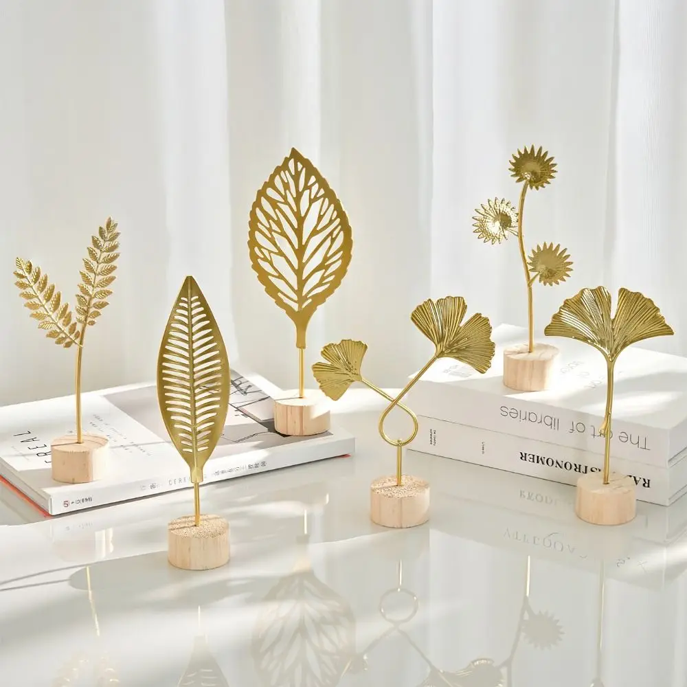 Gold and Grey Iron Art Leaves Figurine - Artistic Metalwork Decorative Handicraft with Wood Base