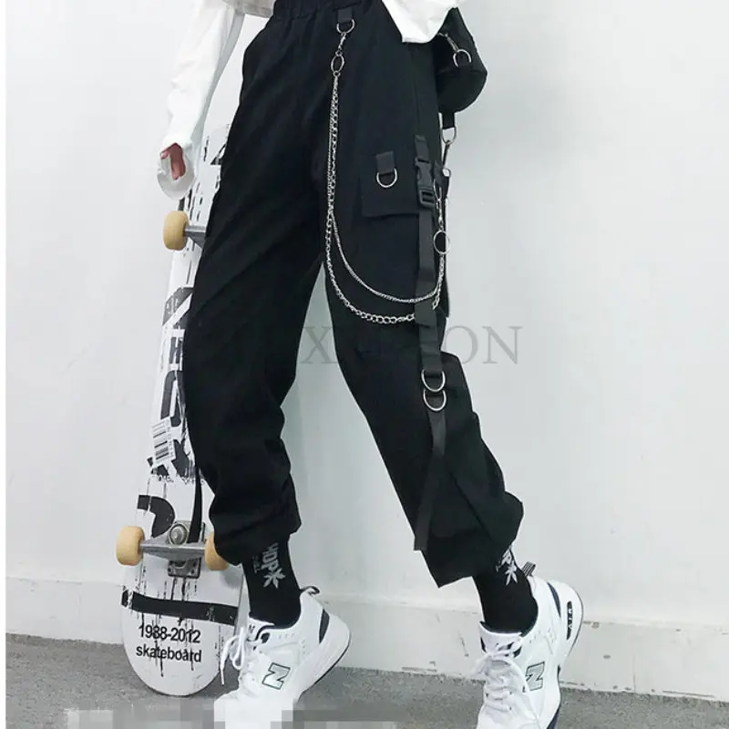 

Women Cargo Pants Harem Pants Fashion Punk Pockets Jogger Trousers With Chain Harajuku Elastics High Waist Streetwear