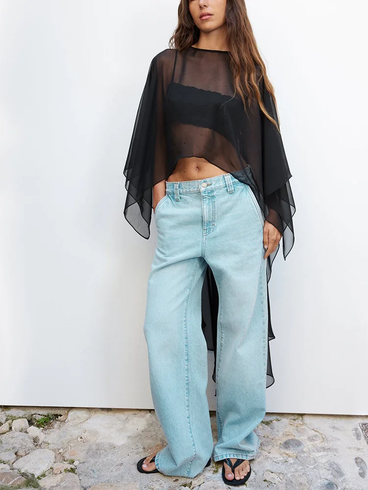 

Tops For Women Clothing 2023 Fashion Round Neck Semi Sheer Poncho Long Sleeve Asymmetric Hem Lightweight Chiffon Cape Outerwear