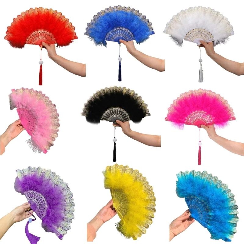 

Vintage Folding Fan Feather Lace Chinese Japanese Dance Fan Wedding Decoration Drop Shipping