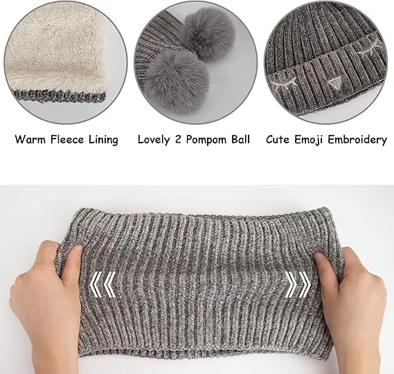 3 Pack Kids Hat Scarf Gloves Sets Winter Warm Pom Beanie Hat Fleece Lined Neck Warmer for Girls Boys 2-6