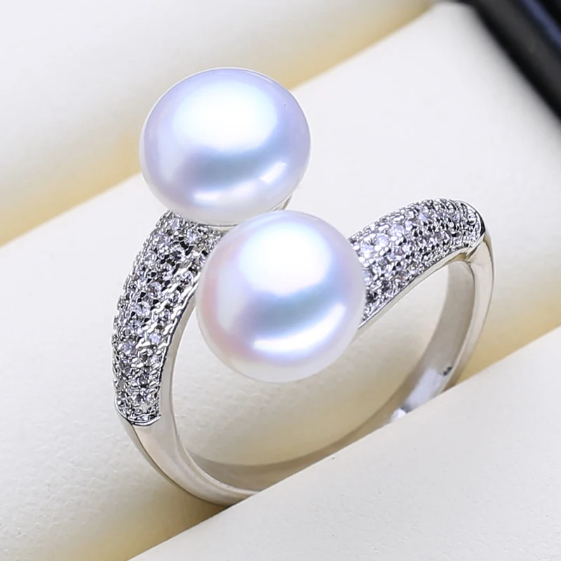 Natural Freshwater Double Pearl Rings For Women Zircon 925 Sterling Silver Jewelry Adjustable Wedding Engagement Ring FENASY silver ring wedding rings silver rings gemstone ring