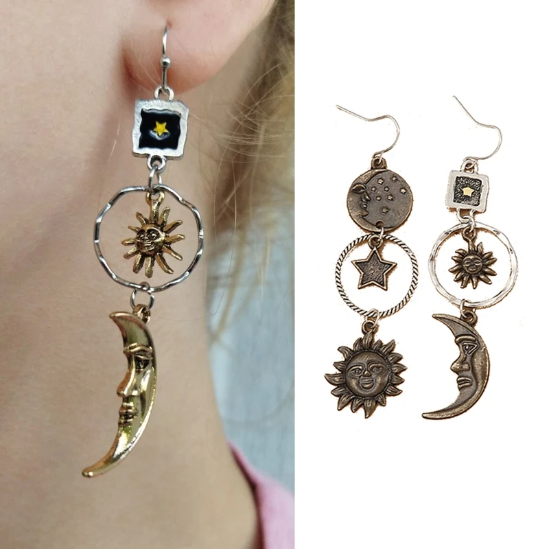 

1 пара для креативного дизайна для подвески с пентаграммой Солнца и Луны, женские асимметричные модные серьги-подвески, изделия