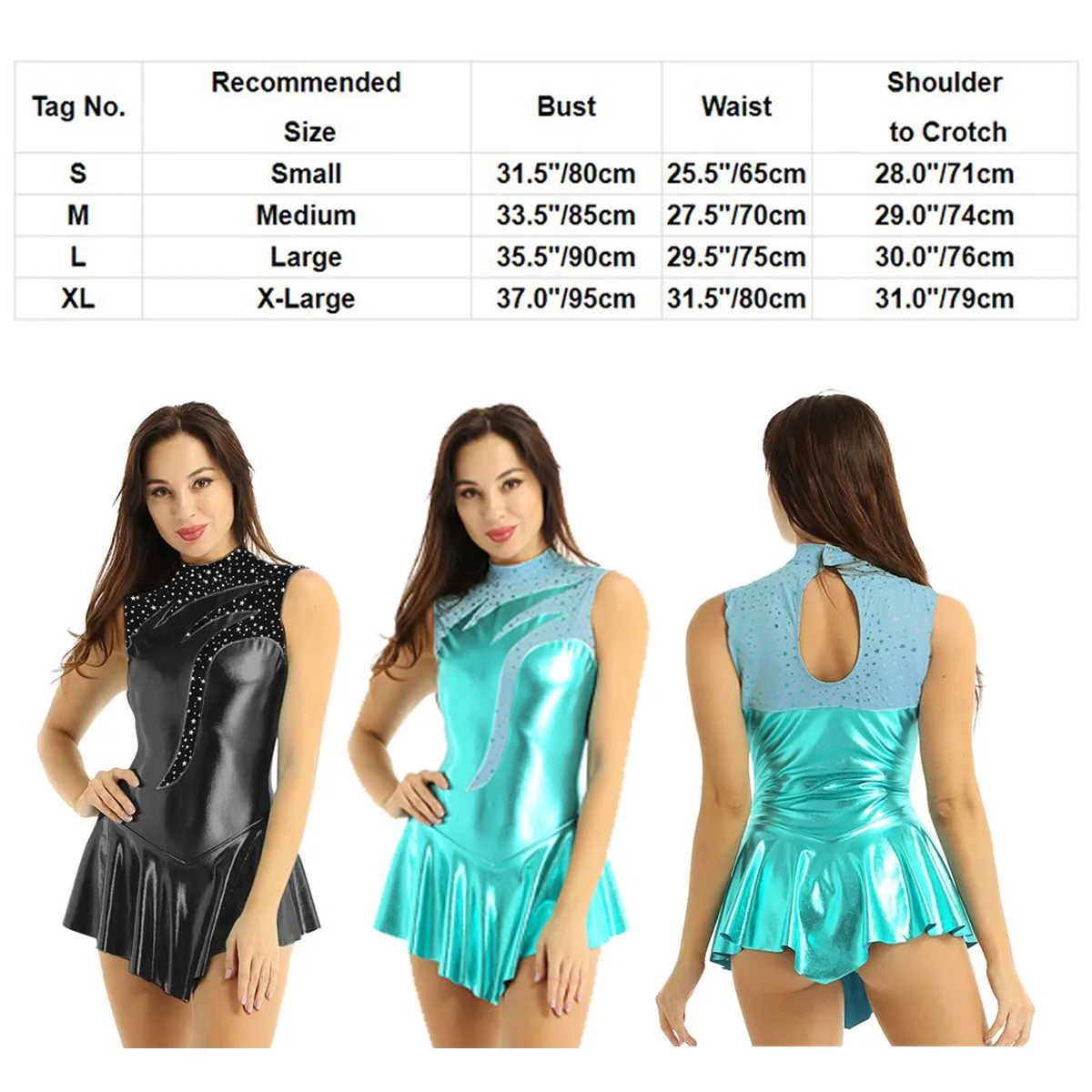 TiaoBug Shiny Metallic High Neck Sleeveless Figure Skating Dress Ballet Gymnastics Leotards for Women Performance Dance Costume