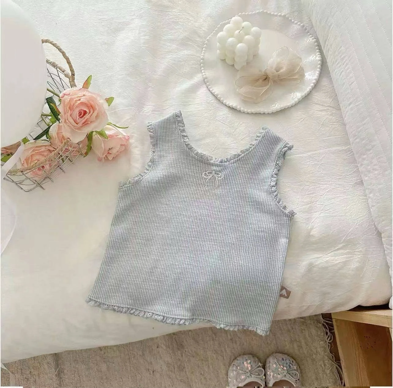 T2582 Girls Embroidered Lace Trim Mini Vest Cute Stylish Summer Wear Striped Camisole Baby Girls Inner Wear Strap Top 3