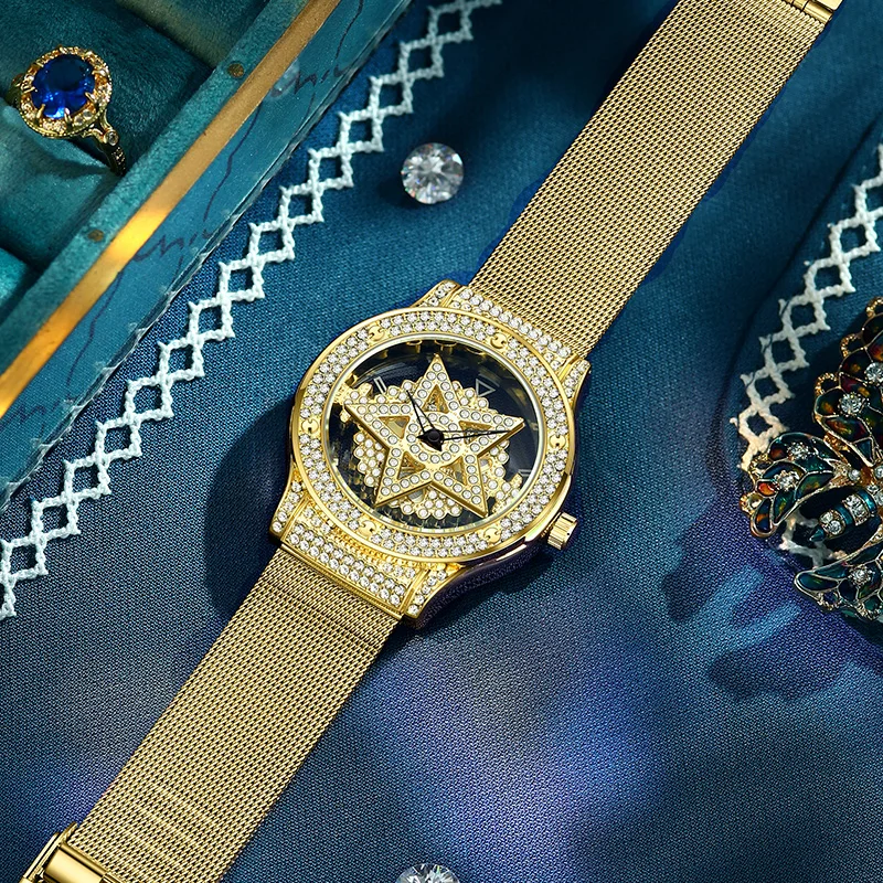 2023 LIGE Luxury Rhinestones Gold Dial Fashion Watches with Stainless Steel Band New Quartz Wristwatches for Women Montre Femme