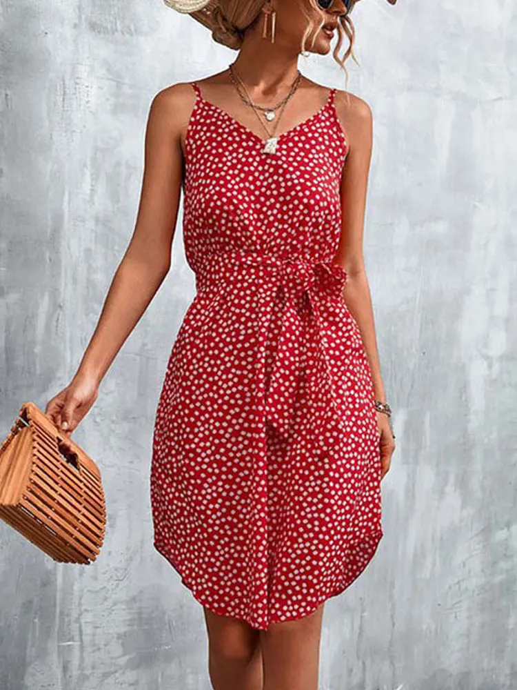 2023SummerFloralBohoDressWomenMidiSpaghettiStrapPartyDress