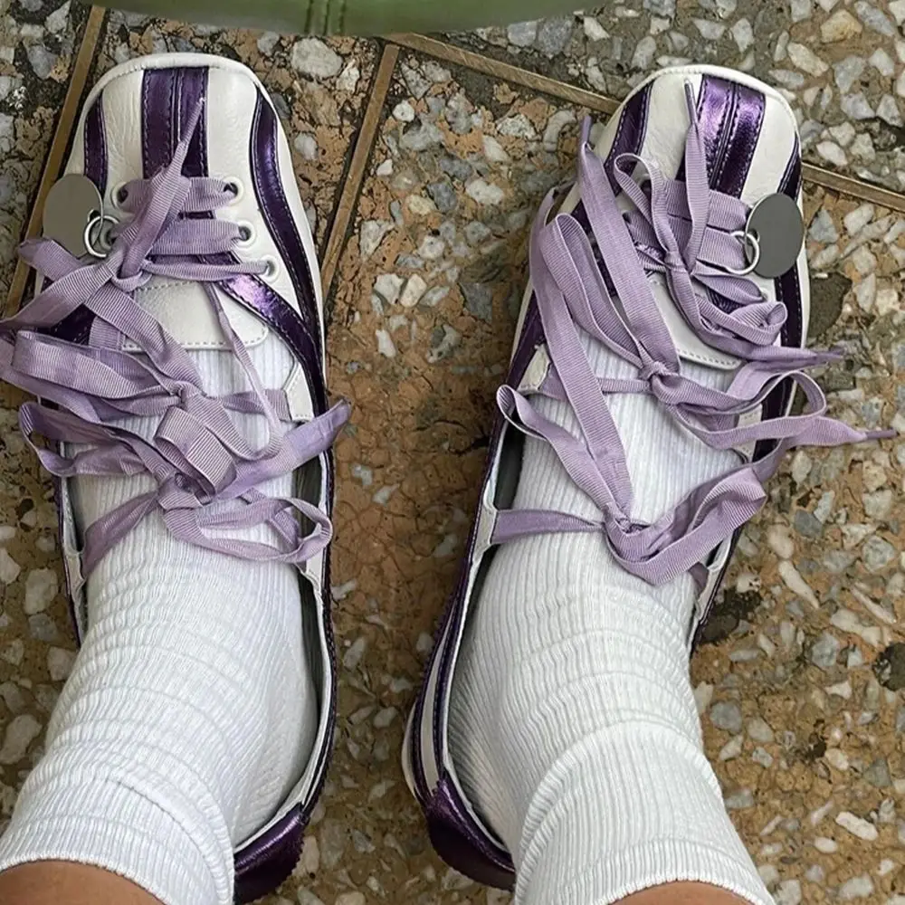 Mixed Color Pork Split Skin Butterfly Knot Ballet Flats All Match Stripe Lace Up Shallow Casual Shoes Square Toe Hollow Shoes