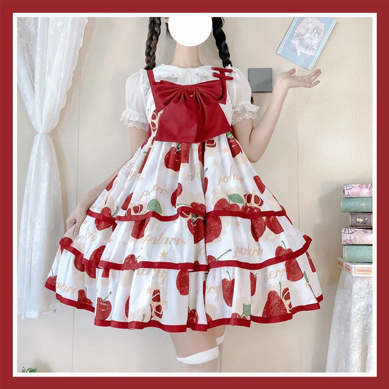 

[Full payment]Daily Lolita Slip dress Cherry Crown Lolita Three Piece Skirt jsk Soft Girl Dress