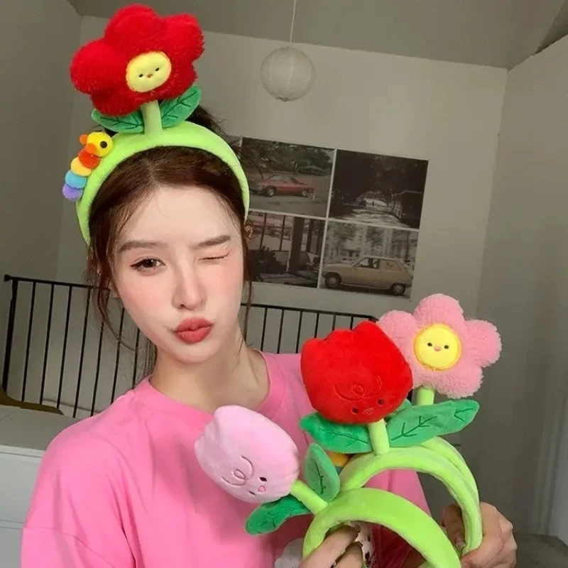 Kreative Plüsch Tuch Farbe Tulpe Blume Raupe Haarbänder Für Mädchen Frau Niedlichen Cartoon Gesicht Waschen Make-Up Stirnband Mode