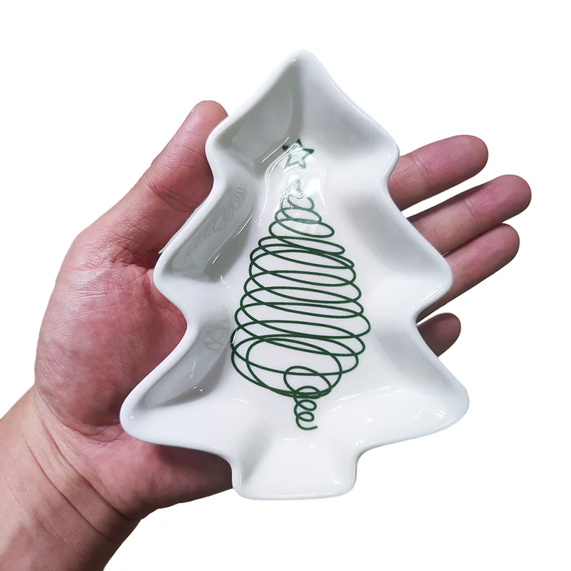 Pack of 4Pcs, Christmas Tree Shaped Ceramic Small Plates for Snacks, Saucers for Candy, Nuts, Desert, Christmas Decoration Gifts