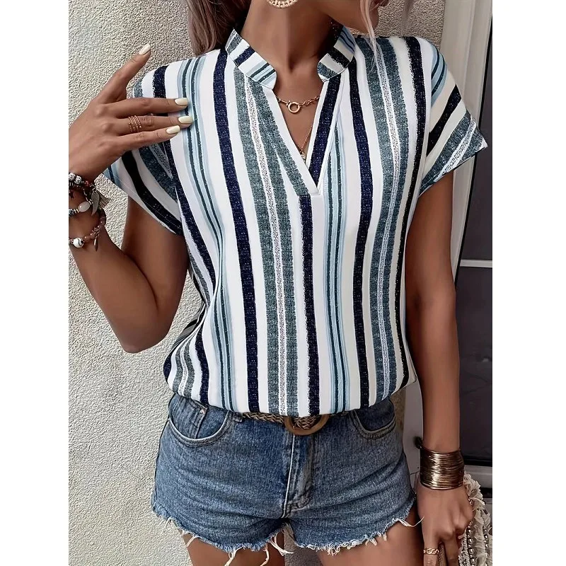 

Femme Stylish Casual Elegant Holiday Loose Tops Women Summer Stripe Printed Blouse Short Sleeve V Neck Bohemian Shirt 2024 Blusa