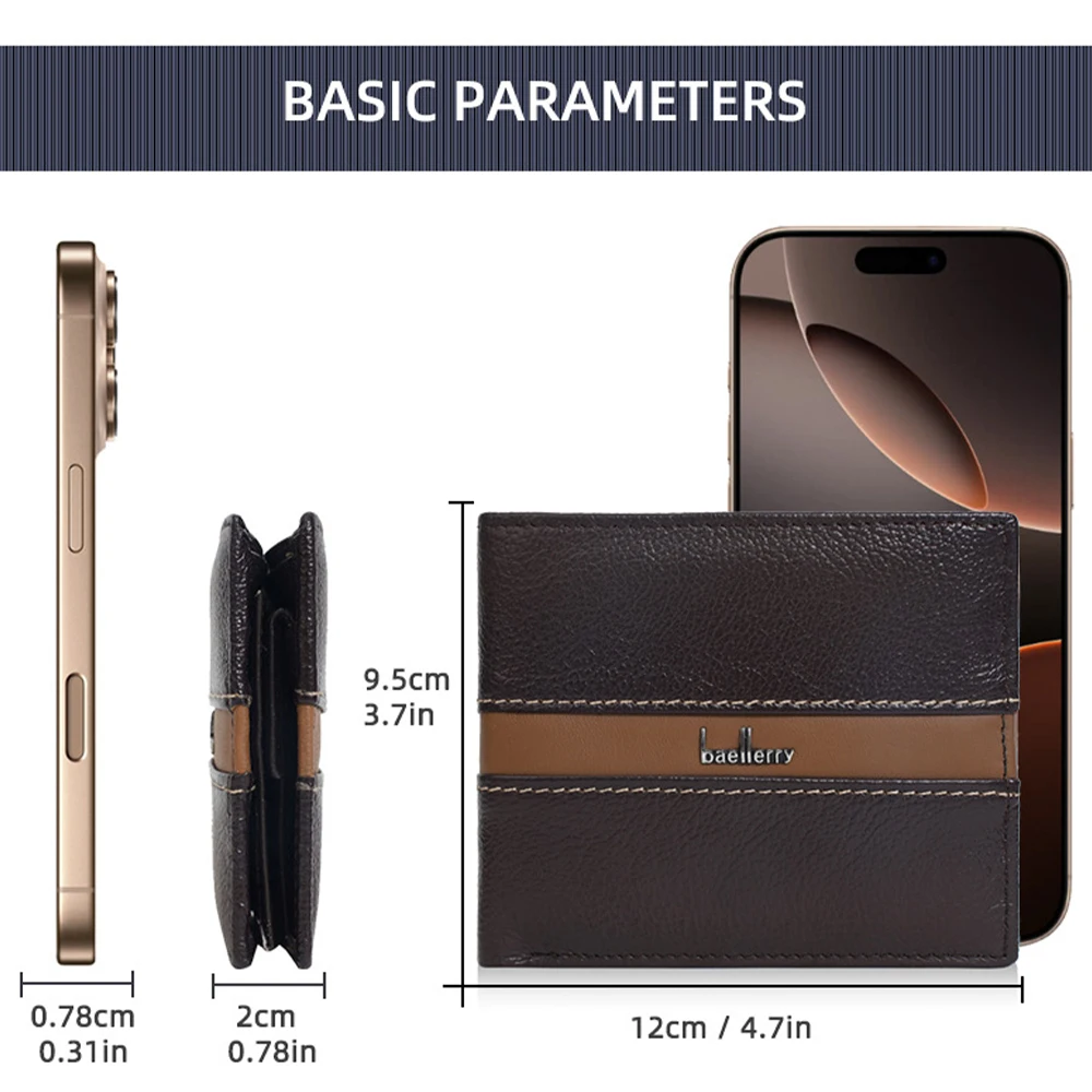 1Pcs/Baellerry Thin Men's Wallet with Zipper Coin Pocket, 9 Card Slots, Large Capacity, Simple Card Holder, Business Gift