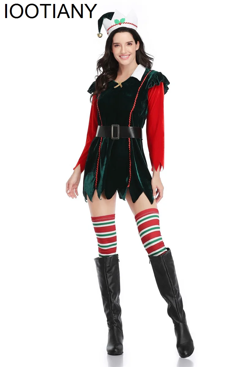 

IOOTIANY Christmas Santa Claus Cosplay Costume Green Elf Dress Xmas Outfit Stage Performance Long Sleeve Fancy Xmas Dress