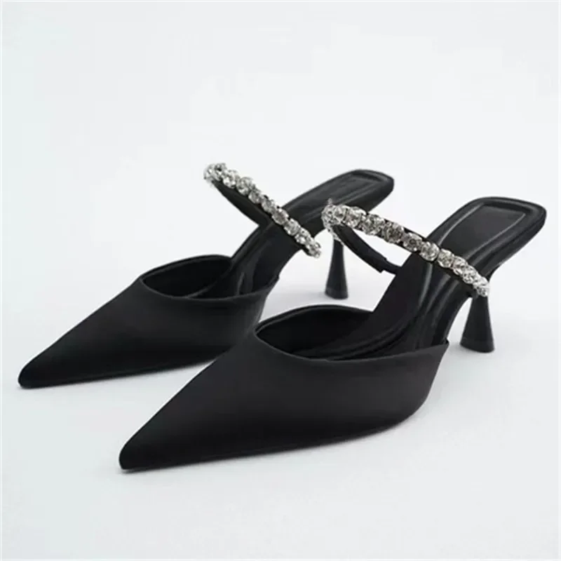 Women Slingback High Heel Sandals Metal Chain Rhinestone Decorate Black Fashion Women Pumps Summer Sexy Stiletto Sandals