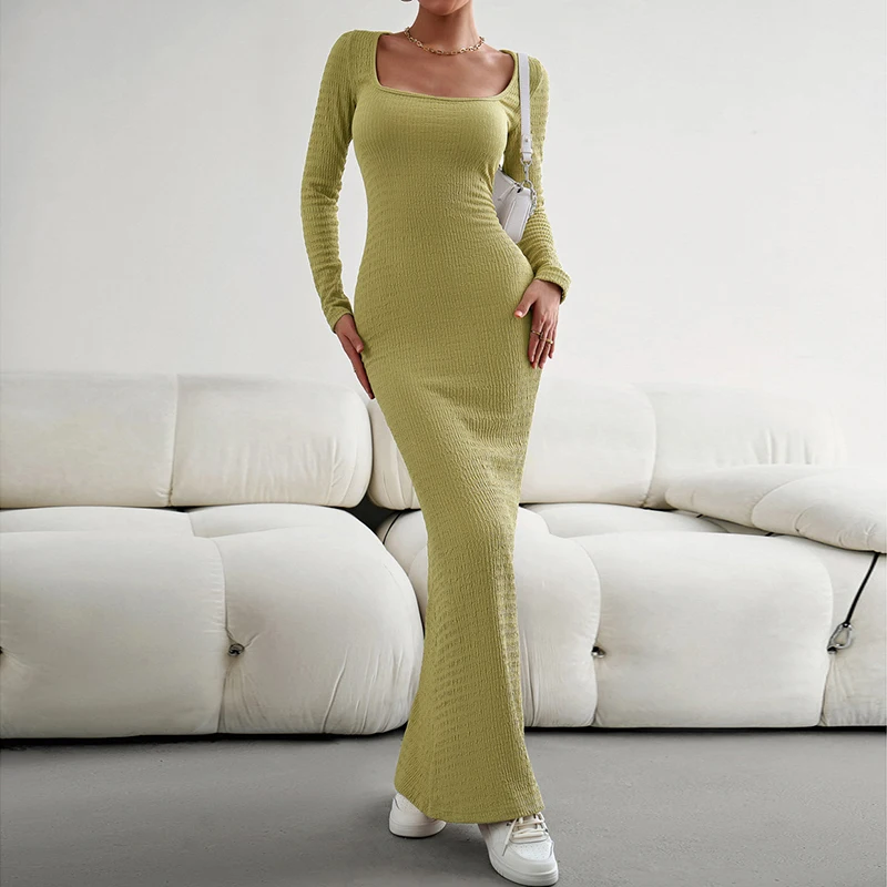 

Women's Sexy Square Neck Long Sleeve Bodycon Maxi Dress Casual Ribbed Soft Lounge Dresses