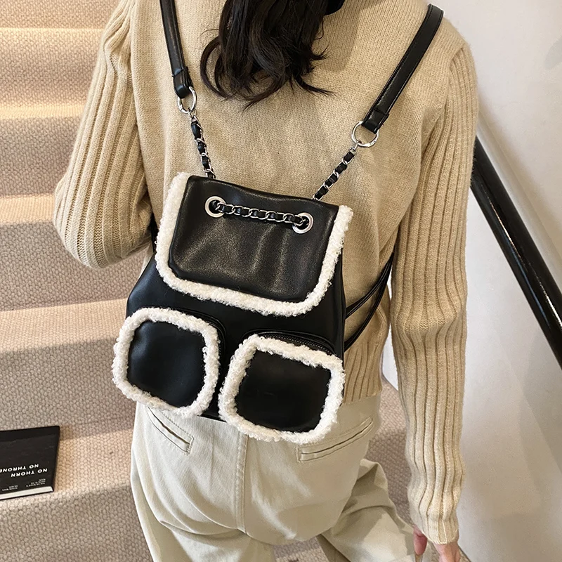 Kleine Doppeltaschen Umhängetaschen für Frauen 2024 Winter Pelz Spleißen Leder Rucksack Mode Anti-Diebstahl Casual Reise Rucksack – Detail 21