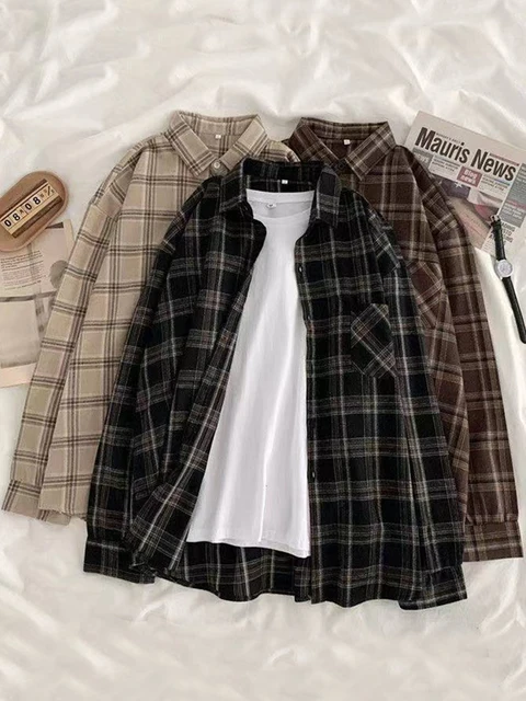 JMPRS Vintage Women Plaid Shirts Autumn Long Sleeve Oversize Button Up Tops Korean Loose Casual Fall Outwear Femme Shirts 2