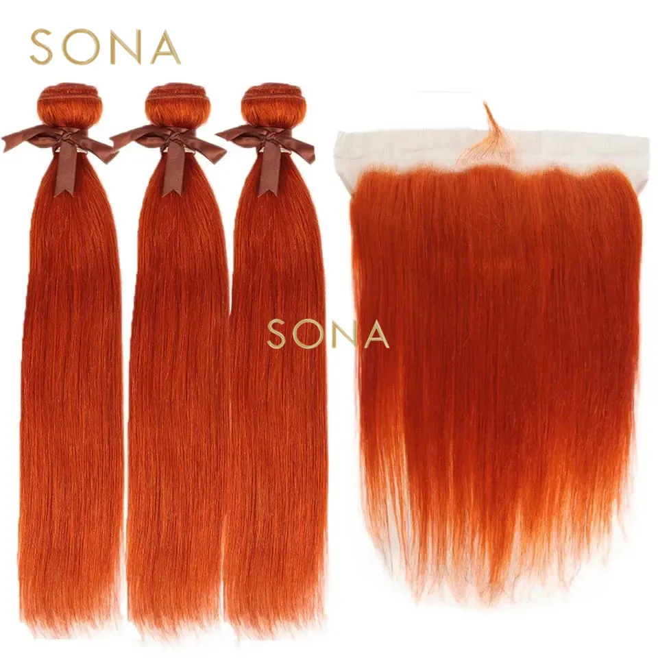 

Brazilian Straight Orange Human Hair Blonde Ginger Orange and Red Color Hair Bundles Remy Hair 13x4 Lace Frontal For Women