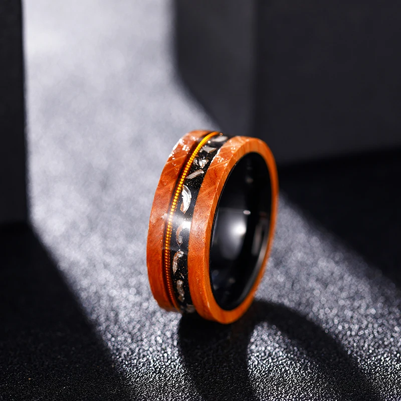 Tigrade 8mm Mens Tungsten Rings Olive Wood Ring Between Guitar Strings Black Sand Metal Slag Engagement Wedding Band Male Ring
