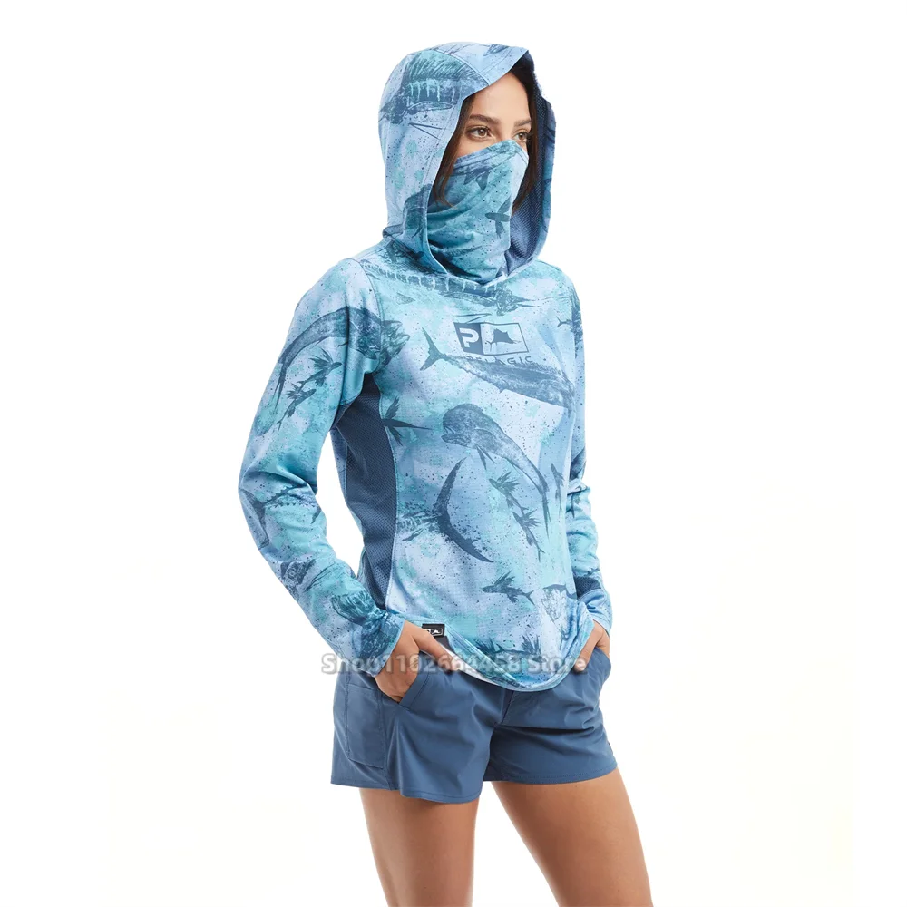 Koszula wędkarska pelagiczne damskie t-shirty przeciwsłoneczne bluza Outdoor anty-uv ubrania wędkarskie letnia maska z kapturem UPF50 +