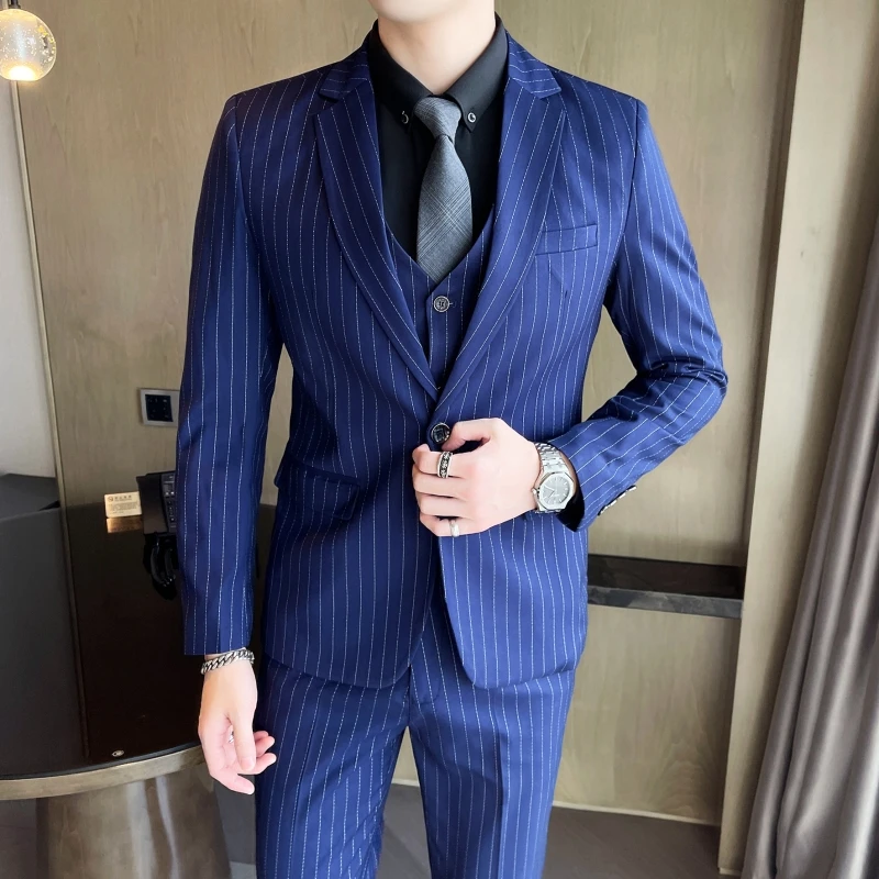 2024 Slim Fit Striped Three-Piece Business Suit Vest Trousers Set Korean Fashion Trend Handsome Wedding Outfit