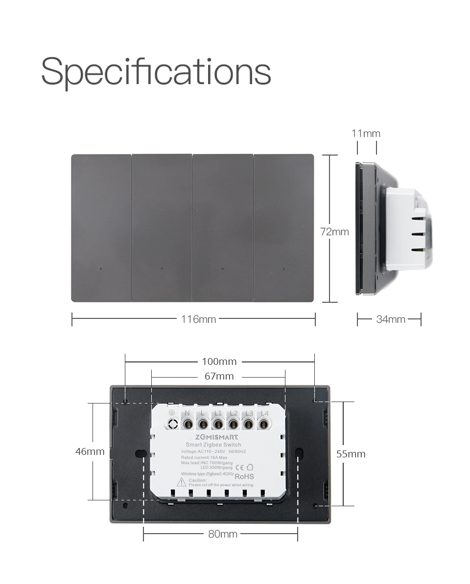 Zigbee Smart Aluminum Alloy Switch with Big Push Button 1 2 3 4 Gangs US Type Ne