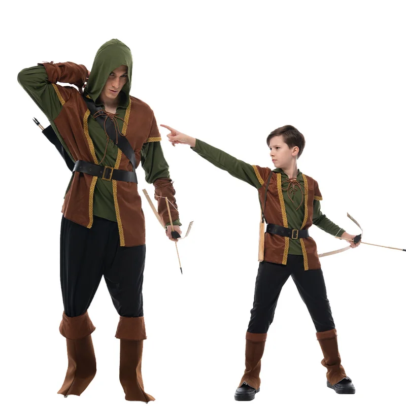 Family Vintage Green Archer Costume Halloween Forest Hunter Hoodie Suit Hoilday Party Cosplay Carnival Easter Purim Fancy Dress cosplay jumpsuit superhero cosplay costume kids cosplay costume