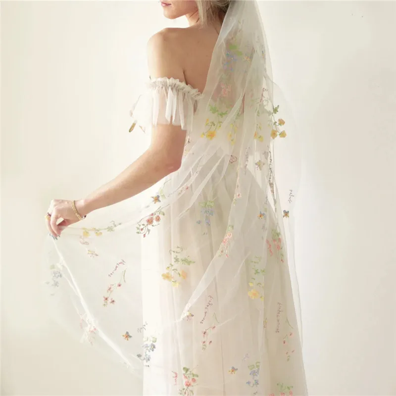 Wild Flowers Floral Bridal Veils With Comb Cathedral Long Embroidered Tulle Colorful Secret Garden Wedding Veil for Brides White