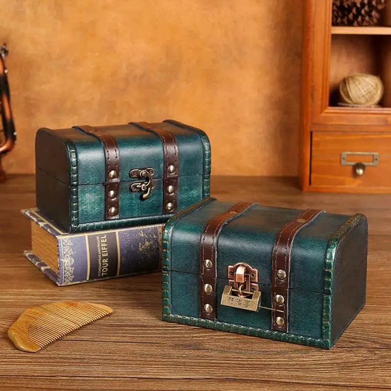 

Retro Treasure Box Vintage Wooden Storage Box Antique Style Jewelry Box Gift Trinket Case With Lock Home Decoration