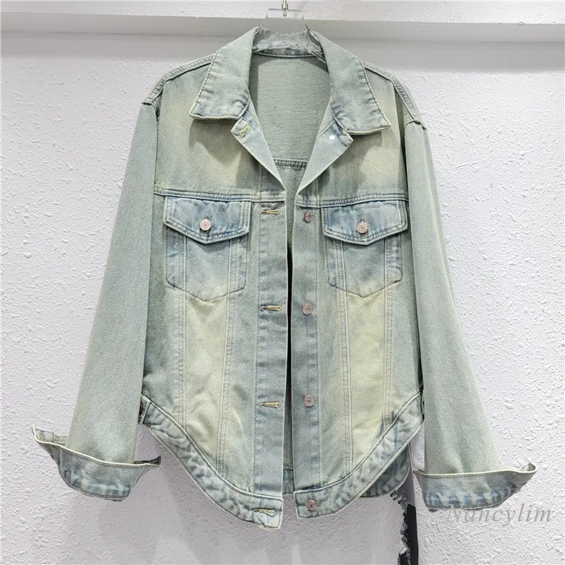 

Women's Irregular Denim Coat Spring 2024 New Small Loose Casual Top Village Blue Denim Shirt Long Sleeve Turn Collar Buttons Top