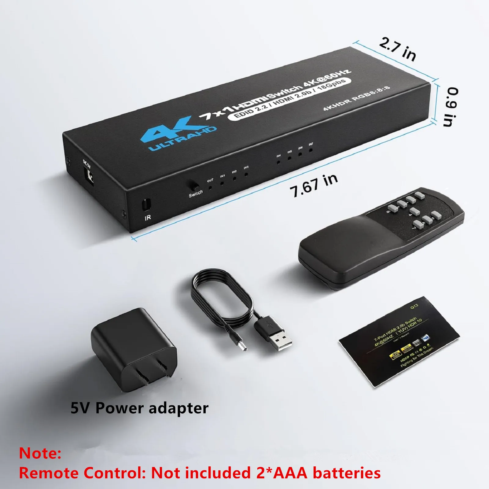 Коммутатор 7 портов HDMI 2,0 4K @ 60 Гц 7x1 HDMI 2,0 переключатель с ИК-пультом дистанционного управления аудио и видео преобразователь 7 в 1 выход поддержка HDR и HDCP 2,2 DC5V (art.: 3920c3681195f) - 3920c3681195f