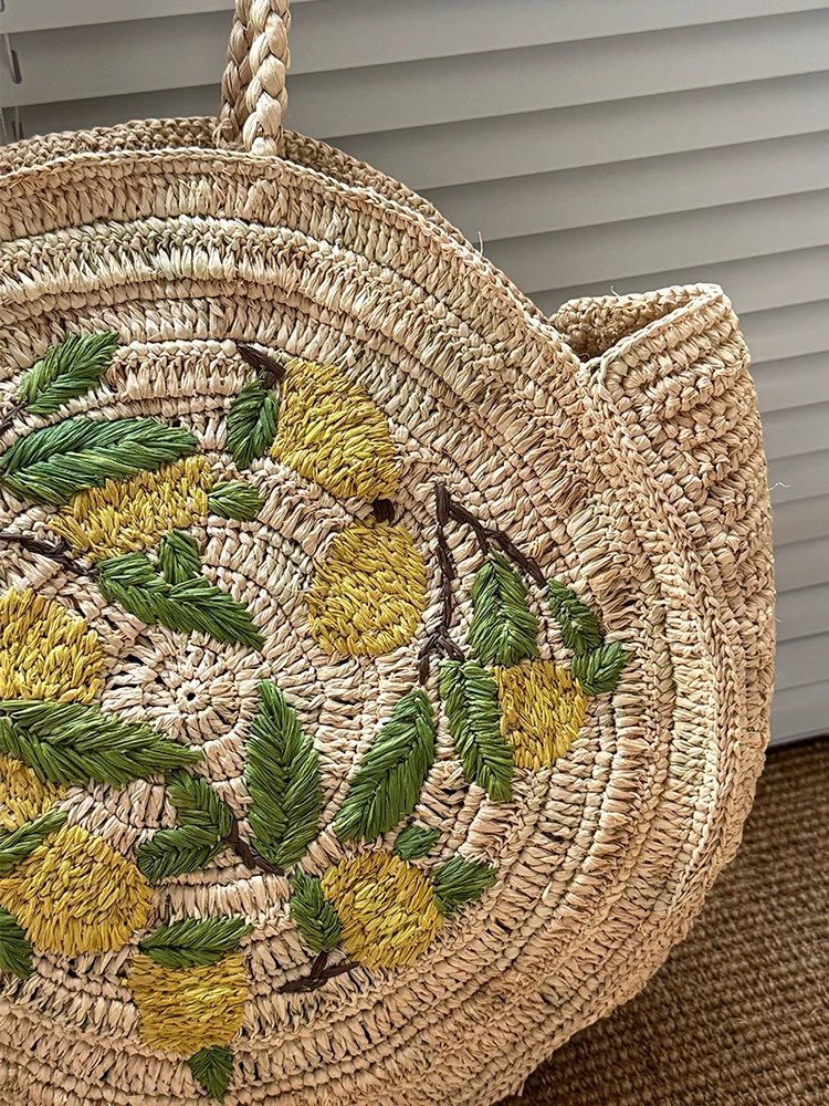 Fashion Lafite Lemon Pattern Straw Women Handbags Round Woven Hand Bags Handmade Summer Beach Bag Large Tote Purses