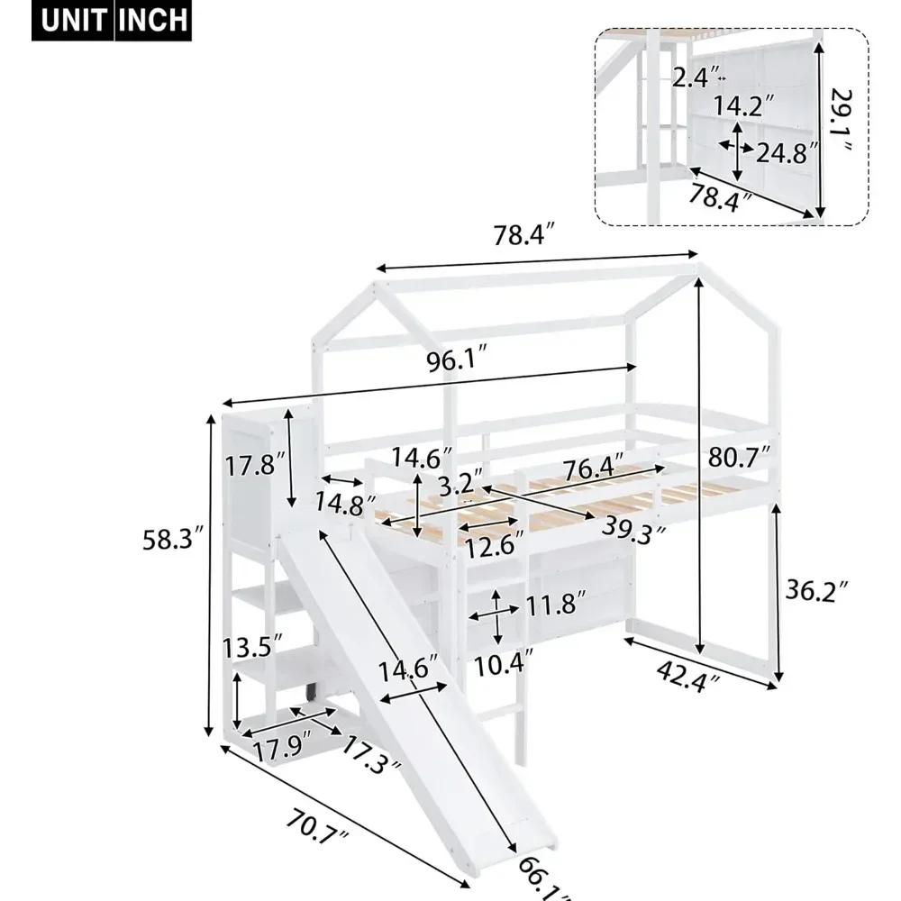 Bunk Beds Twin Size House Loft Bed with Slide, Storage Shelves and Light, Climbing Ramp, Low Loft Bed Frame, Bunk Beds for Kids 4