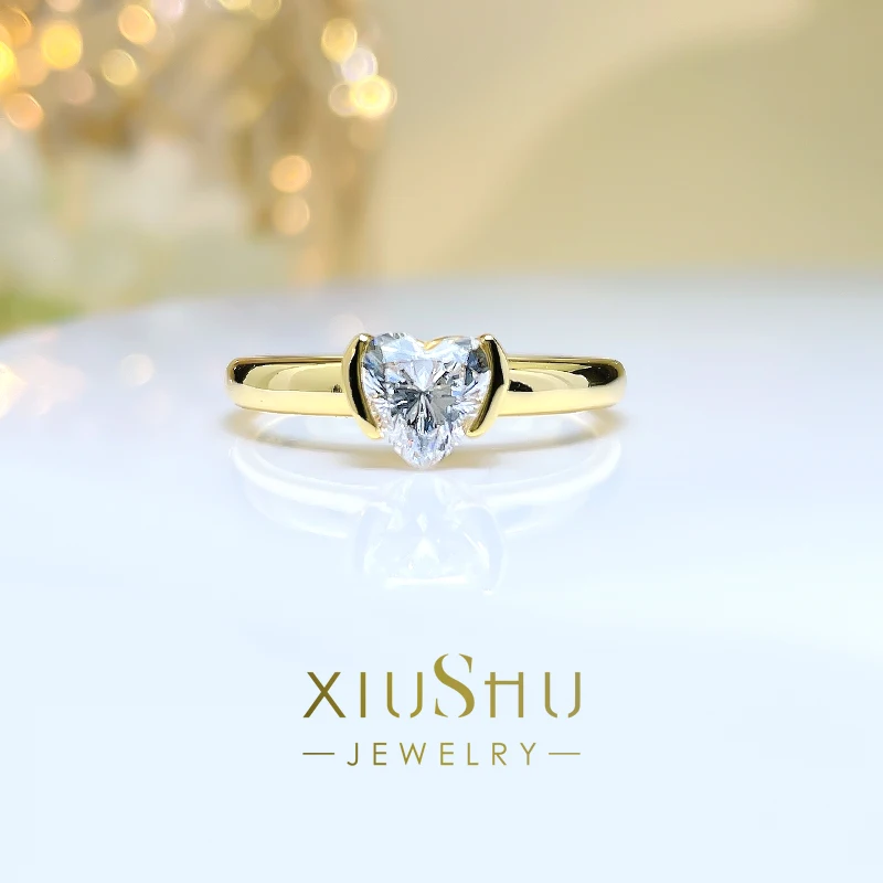 Anello Placcato Oro Con Cuore In Argento 925 Di Lusso Leggero Da 1 Carato Intarsiato Con Diamante Ad Alto Tenore Di Carbonio Importato Come Regalo Per
