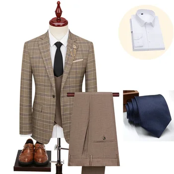 Autumn Hot Sale Of The Season Men's Slim Fit Casual Plaid Three Piece Suit Korean Style Youth Fashion Business Casual Suit Set