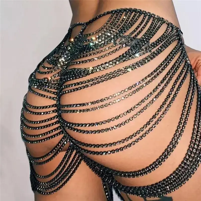 Glamorous women fashion luxury women sexy waist chain shiny crystal nightclub body jewelry thong Halloween party