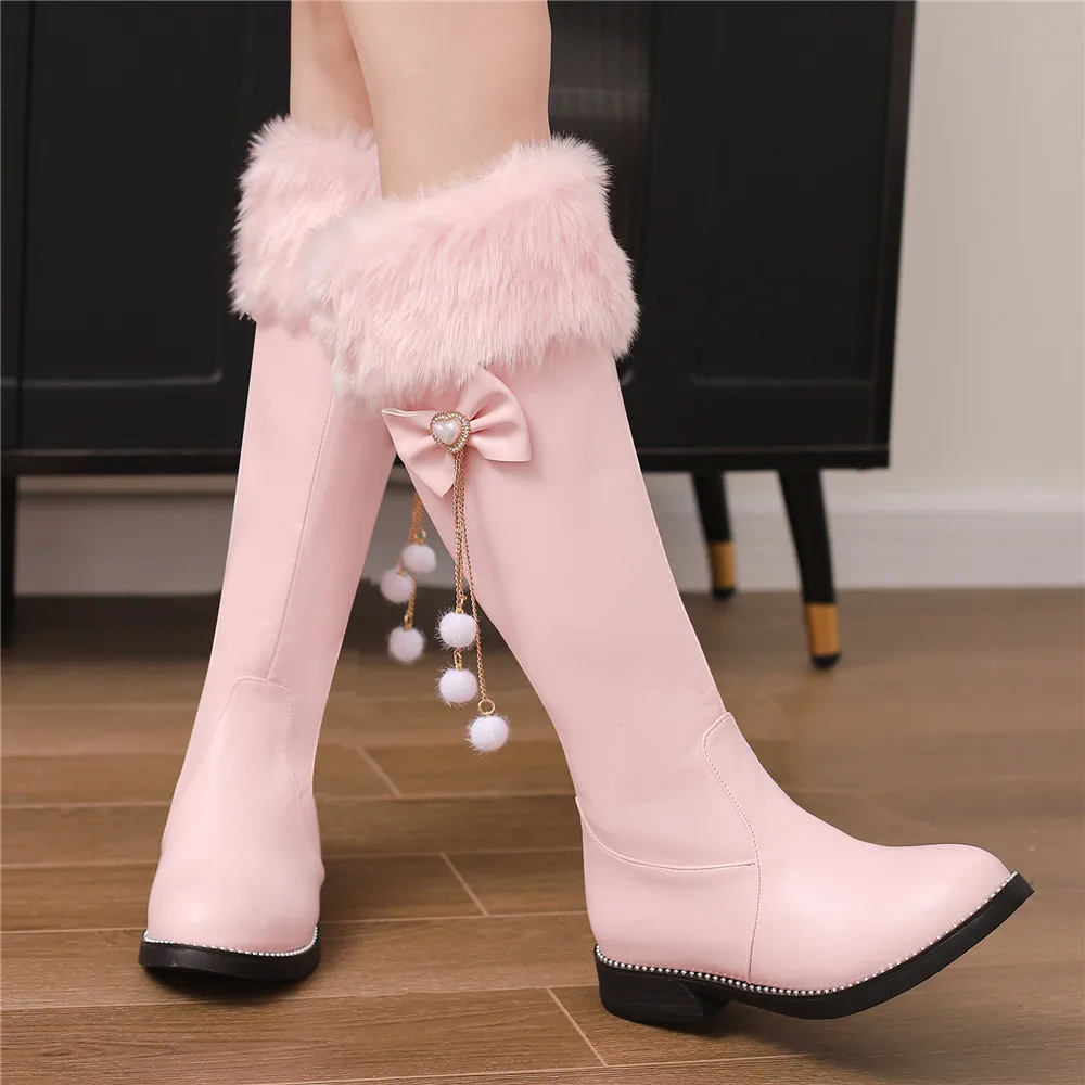 2025 New Women Boots Autumn Winter Girls Booties Faux Fur Knee-High Low-Heel Short Boots Side Zippe Bow Botas Mujer Shoes 31-43 - Image 4