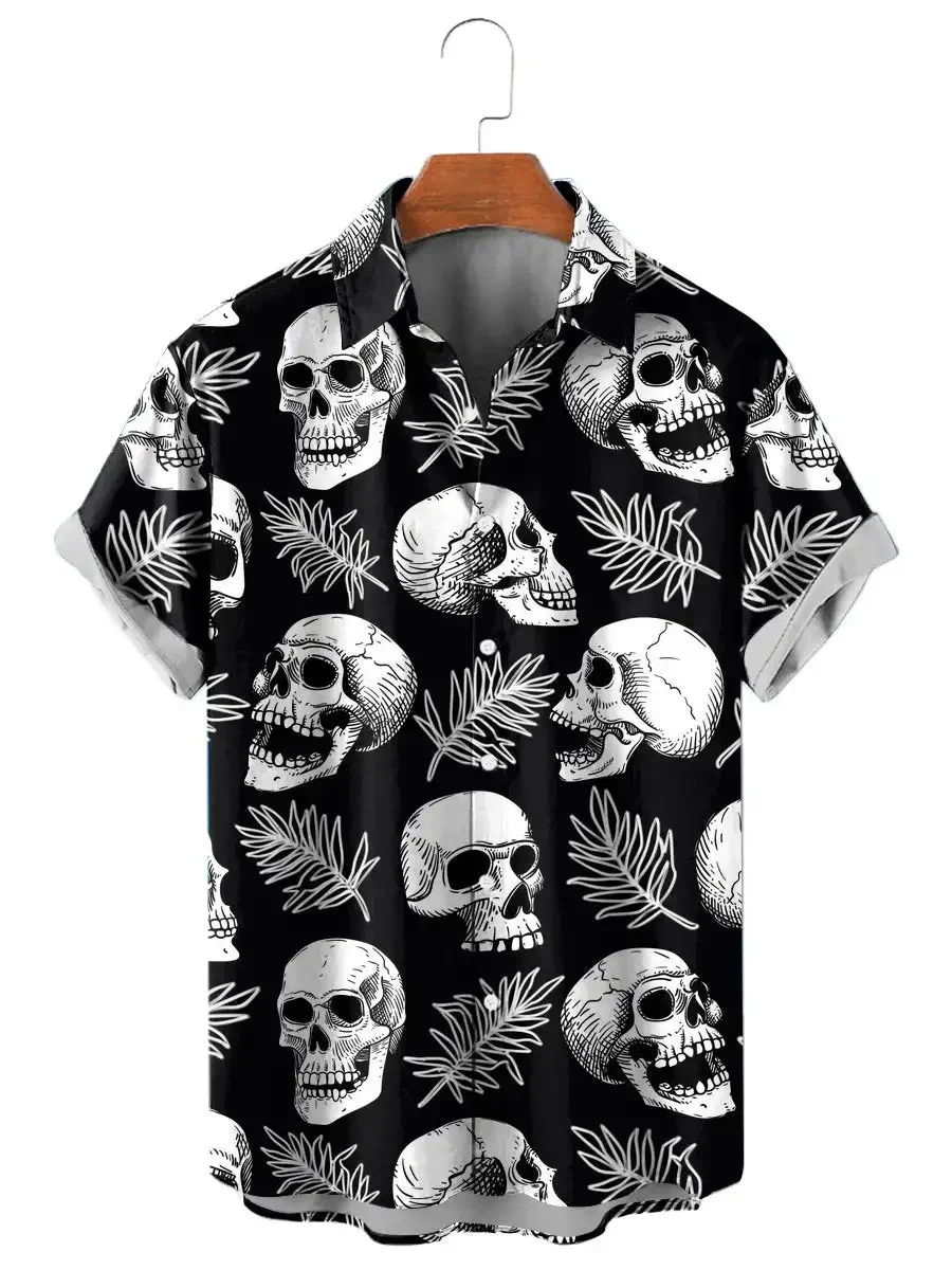 Vintage Skull Floral Men's Shirts Funny Skull 3D Print Streetwear Short Sleeve Tee Hawaiian Shirt Print Lapel Shirts For Men