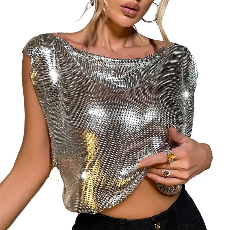 Hohe Qualität Frauen Metall Pailletten Tank Tops Sexy Ärmellose Rundhals Crop Top Sommer Rave Festival Party Nachtclub Y2K Leibchen – Detail 5