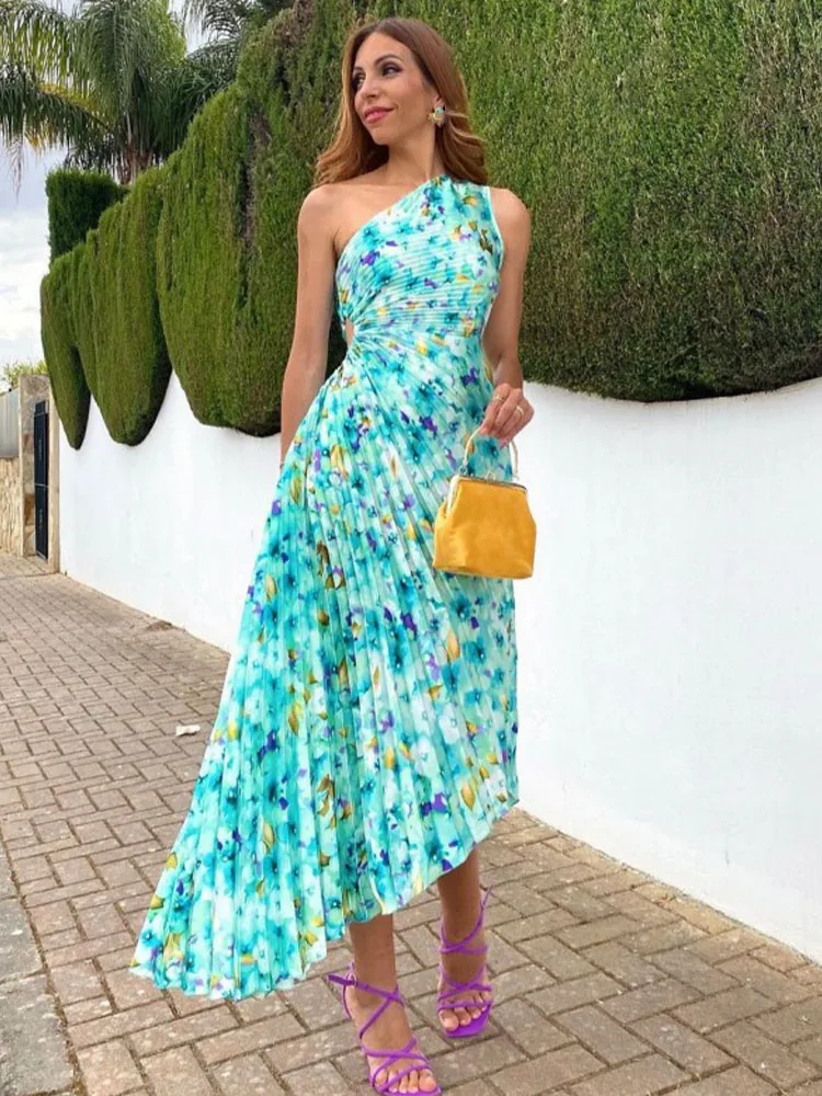 HH moda elegante femminile monospalla increspato abito lungo