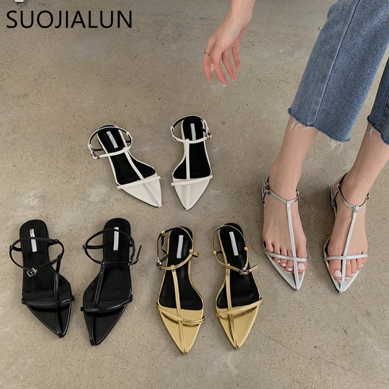 

SUOJIALUN 2022 New Brand Women Sandal Fashion Narrow Band Flat Heel Ladies Gladiator Shoes Pointed Toe Ankle Buckle Zapatos Muje