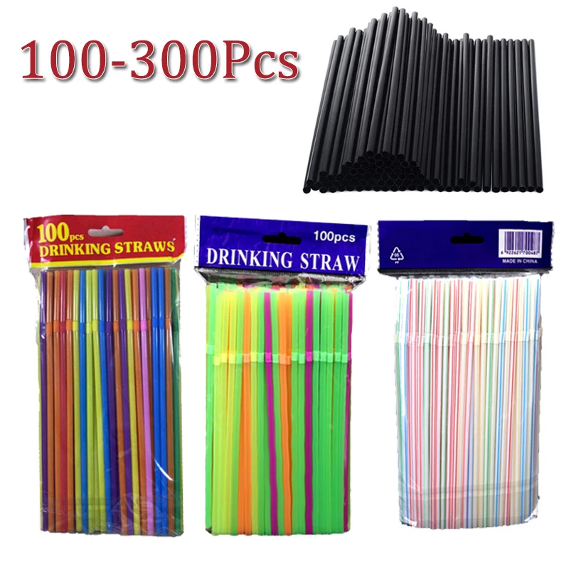 Disposable plastic straws 300-100Pcs For Kitchen Dining Bar Drinking Beverage Party Cocktail Supplies Accessories