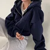 2024 Spring Autumn New Insfleece-lined Versatile Cropped Slims Smooths Silhouette Zip-up Warm Navy Blue Hooded Sweatshirt Women 3