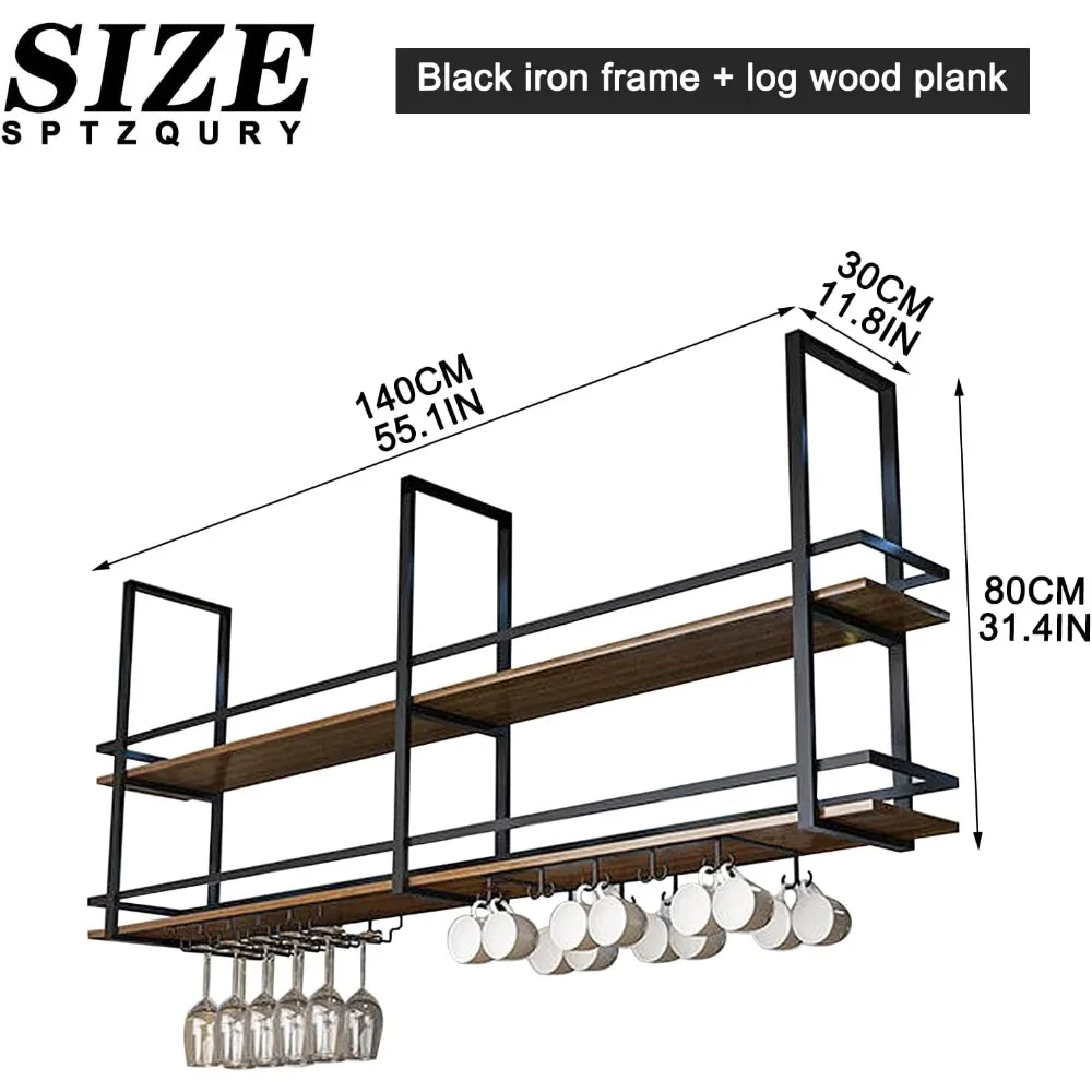 Ceiling Wine Glass Rack - 55.1in Hanging Wine Rack with Glass Holder and Shelf, 2 Layer Industrial Hanging Wine Bottle Holder 2