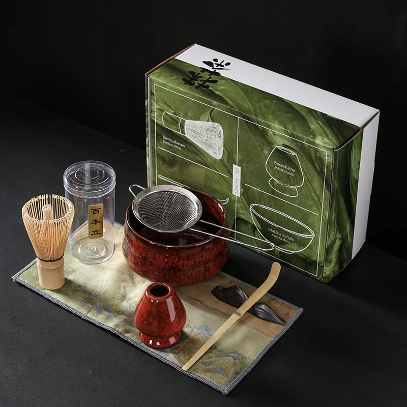 4/7pcs Japanese Matcha Set Kit Handmade Ceramic Grinder Bowl Matcha Whisks Bamboo Spoon Strainer Kitchen Accessories Gift Set