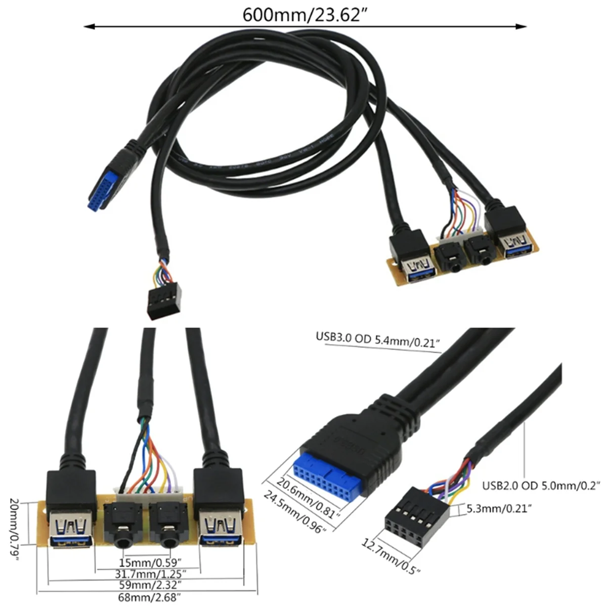새로운 60cm 전면 케이스 패널 USB3.0+USB3.0 고화질 오디오 잭 포트 I/O 보드 내부 케이블 라인 허브 유선 네트워크