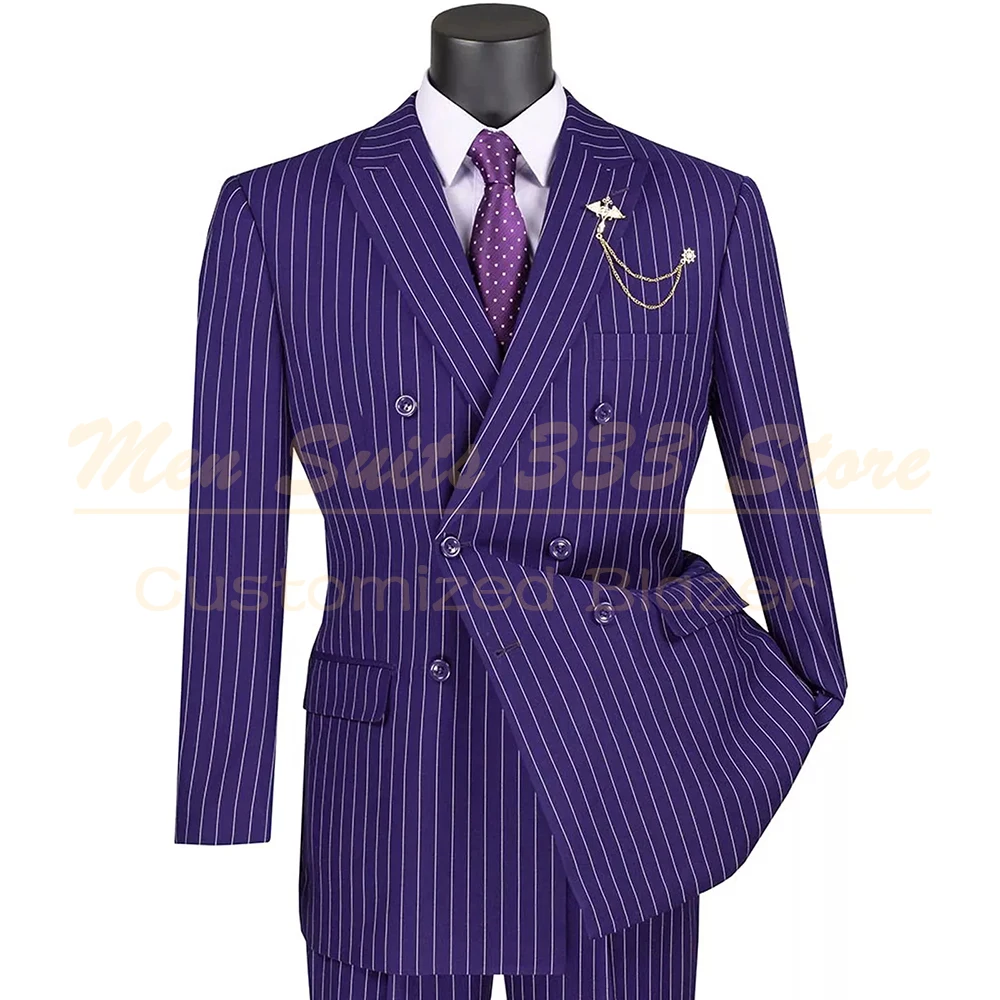 Men Purple Stripe Suits 2 Piece Double Breasted Peak Lapel Slim Fit Jacket Pants Sets