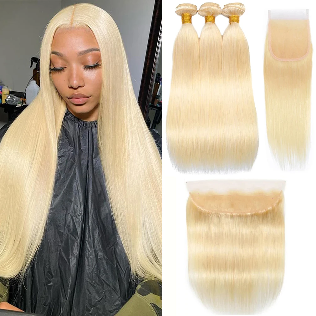 613 Honey Blonde 3 Bundles With 4x4 Closure Straight Human Hair Bundles And Closure Brazilian Remy 100% Human Hair Extensions 1