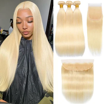 613 Honey Blonde 3 Bundles With 4x4 Closure Straight Human Hair Bundles And Closure Brazilian Remy 100% Human Hair Extensions 1
